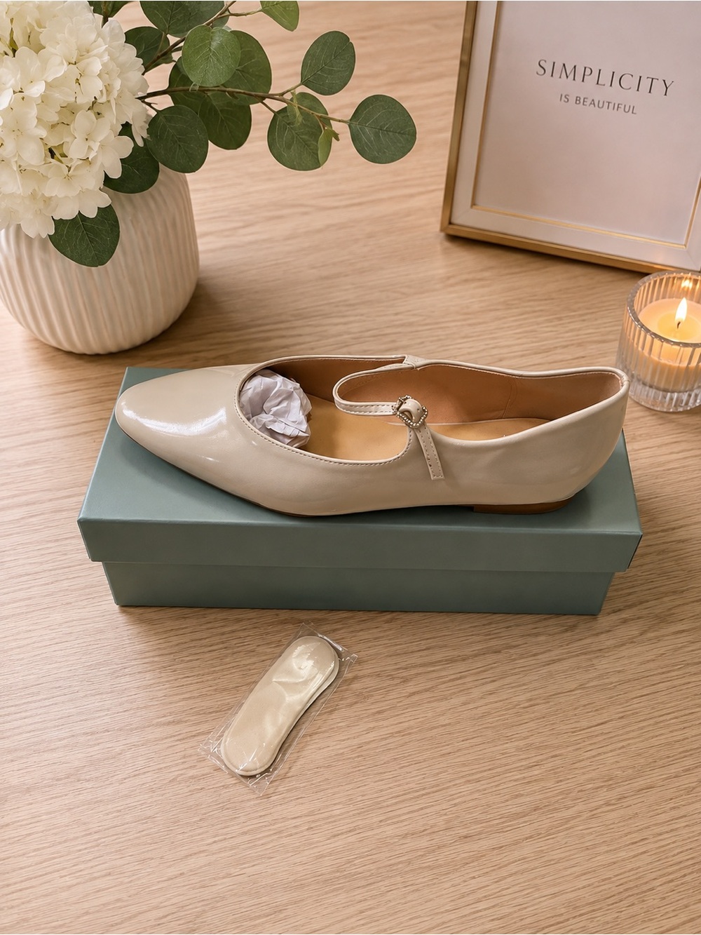 Patent Mary Jane Flats in Cream with Buckle Strap